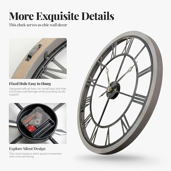 30 Inch Large Wall Clock for Living Room Decor, Modern Wood Decorative Wall Clocks with Solid Wooden Frame, Battery Operated Silent Non-Ticking Clock - Roman Numerals