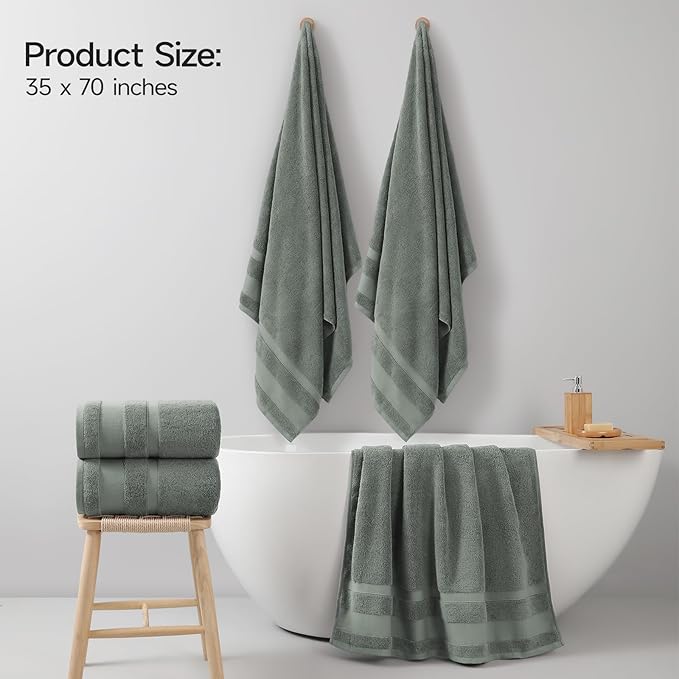 REDKISS 100% Cotton Bath Towels Set of 2, Extra Large Bath Sheets 35 X 70 Inches, 800 GSM, Quick Dry, Ultra Soft & Super Absorbent Bathroom Towel Sets for Bathroom, Gym, Spa, Pool & Hotel, Sage Green
