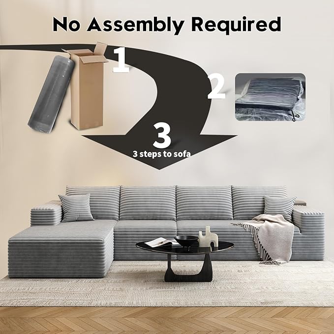 135.4" Cloud Modular Sectional Sofa Couch with L-Shape Chaise,Modern Minimalist Upholstered Couches for Living Room Bedroom,Deep Seat Corner Couch，No Assembly Required (Grey,Left Facing Chaise)