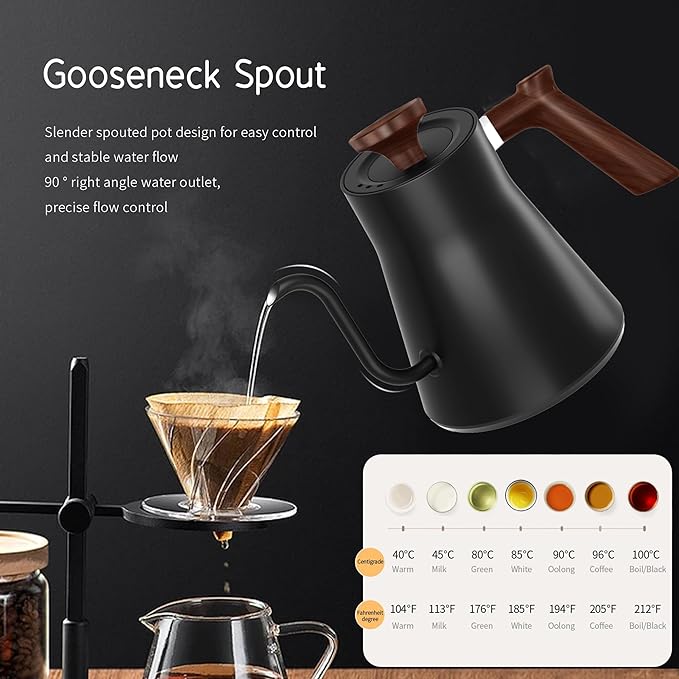 RHD Electric Gooseneck Kettle with LCD Display, Real-Time Temp Control Hot Water Boiler to Pour Over Coffee, Brew Tea, Switchable ℉/℃, 1200 Watt Quick Heating Pot, 0.9L, 304 Stainless Steel,Matt Black