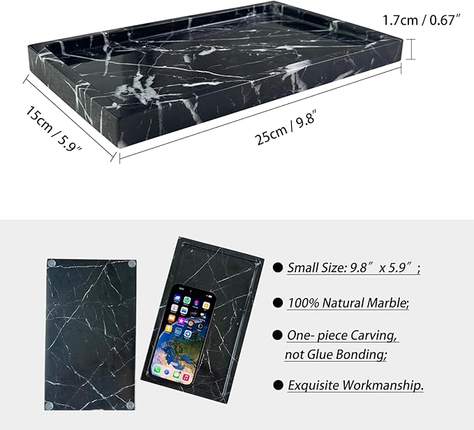 Natural Black Marble Vanity Tray, 9.8"x5.9" Genuine Marble Stone Tray for Bathroom/Kitchen/Dresser