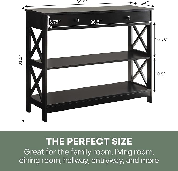 Convenience Concepts Oxford 1-Drawer Console Table 39.5" - Farmhouse Sofa Display with Storage Shelf For Living, Family, & Dining Room, Modern Entryway Hall Table for Kitchen, Bedroom, Black