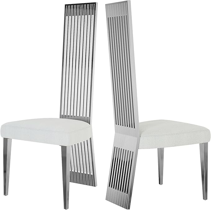 Silver Dining Chair Set of 4, White Boucle Dining Chairs with Polished Silver Stainless Steel Backrest and Legs, Modern Elegant Upholstered Dining Room Chairs for Dining Room Kitchen Restaurant