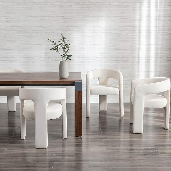 Set of 6 Modern Velvet Fabric Upholstered Dining Chairs with Open-Back, Cute Barrel Side Chairs Kitchen Armchair Accent Chairs for Dining Room Bedroom, Ivory