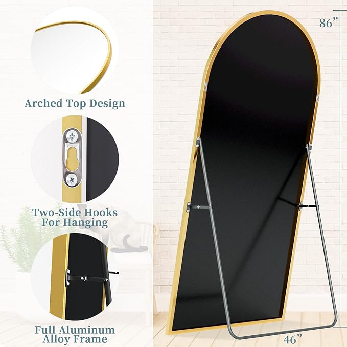 Full Length Mirror, 86"x46" Oversized Floor Mirror with Stand, Hanging or Leaning Full Body Mirrors Mirror for Bedroom, Living Room, Cloakroom, Arch, Gold