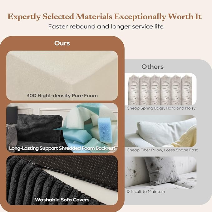 106" Modular Sectional Sofa with L-Shape Chaise, Right/Left Facing Deep Seat Cloud Couch, No Assembly Required, Upholstered Couch for Living Room Bedroom (Plush Corduroy Fabric, Black)