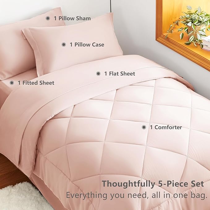 CozyLux Twin Comforter Set with Sheets Blush Pink - 5 Pieces Bed in a Bag Twin, All Season Bed Set for Girls and Boys, Bedding Set with Down Alternative Comforter, Sheets, Pillowcase & Sham