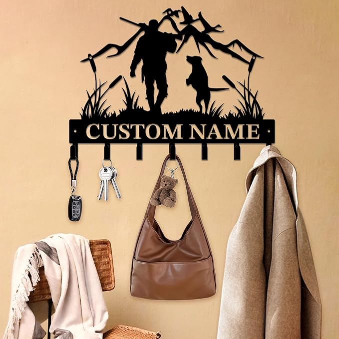 Personalized Custom Name Hunting Deer Wall Key Hooks,Metal Hunting Art Clothes Hooks,Metal Hunting Wall Home Storage Decorative,Hunter For Front Door, Hallway, Kitchen, Bedroom,Keys,Hats (Style B)