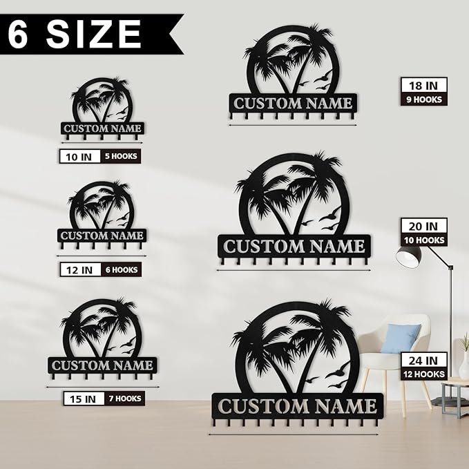 Personalized Key Holder for Wall, Beach Theme Key Holder Wall Mount with Hooks, Coconut Trees Key Hanger Wall Decor for Pool Bathroom Hallway Entryway Office, Customized Home Decor Gifts Color07