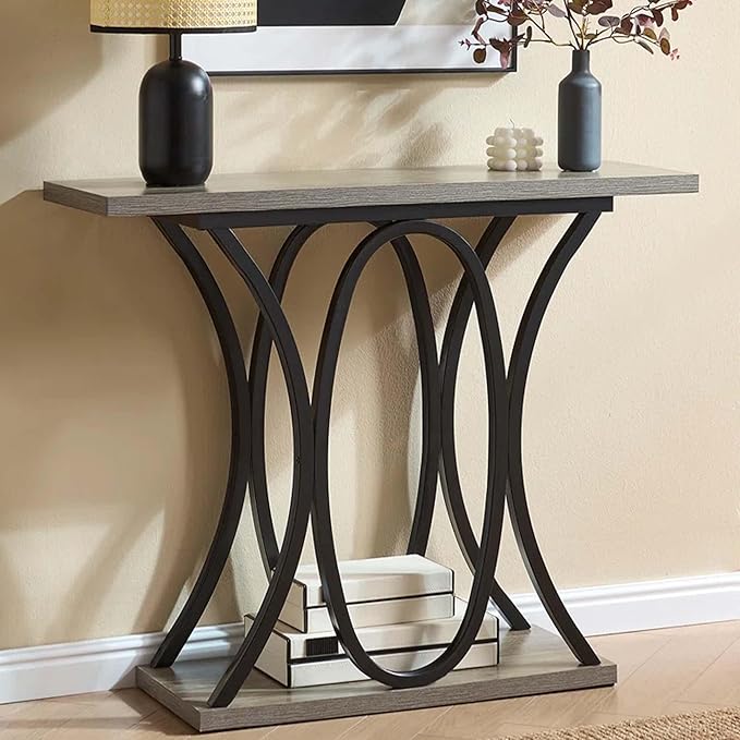 BedsPick Entryway Console Table, 40 Inch Narrow Wood Hallway Table Foyer Table Behind Couch, Sofa Table with Metal Legs and 1.18 Thick Board (Grey)