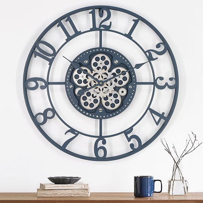 24 Inch Large Wall Clocks for Living Room Decor with Moving Gears,Large Wall Clock Industrial Steampunk,Oversized Metal Analog Wall Clocks for Farmhouse Home Battery Operated