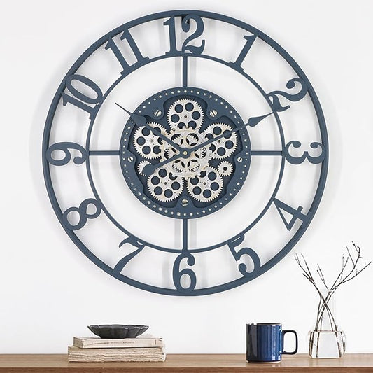 24 Inch Large Wall Clocks for Living Room Decor with Moving Gears,Large Wall Clock Industrial Steampunk,Oversized Metal Analog Wall Clocks for Farmhouse Home Battery Operated