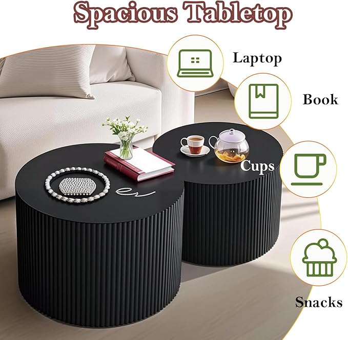 Black Round Fluted Coffee Table Set of 2 - Handcraft Embossed Design, Stylish Combination Center Drum Table for Living Room - No Assemble Needed (D-27.6IN+19.7IN)