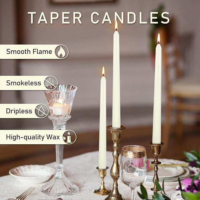 100Pack Ivory Taper Candles, 7-8 Hours Burn Time, Unscented, Smokeless and Dripless, 0.75 x 10 Inch Dinner Candle Set for Household, Wedding, Party and Home Décor Candlesticks