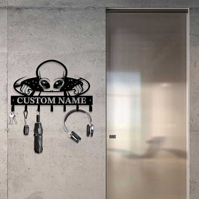 Personalized Custom Alien ET Metal Wall Keys Hooks,Clothes Hooks Alien ET Art Coat Racks,Door Holder,Black Alien ET Decorations for Home,Entrance Doors,Hallway, Bedroom,Keys,Hats (Style A)