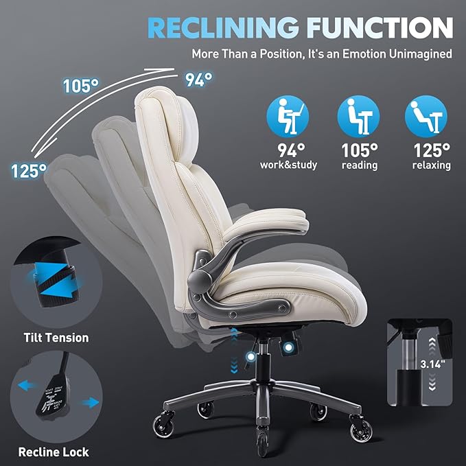 Ergonomic High-Back Executive Office Chairs, Heavy Duty Home Computer Chair with Lumbar Support, Flip-Up Arms, and PU Leather Upholstery, Beige