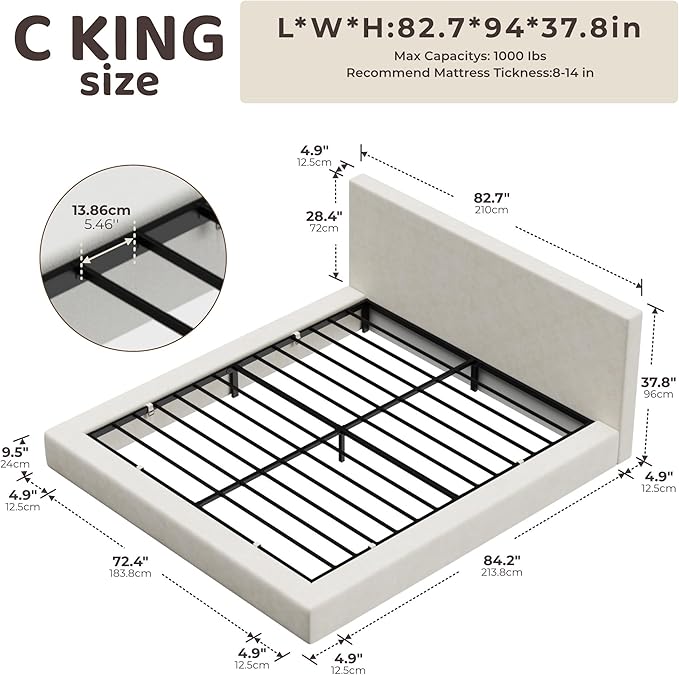 RECCI Cloud Upholstered California King Bed Frame with Headboard, 5 Inch Foam Padded Platform, No Box Spring, Easy Assembly (Cream)