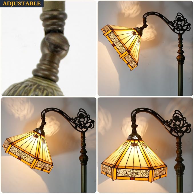 WERFACTORY Tiffany Floor Lamp Mission Hexagon Stained Glass Arched Lamp 12X18X64 Inches Gooseneck Adjustable Corner Standing Reading Light Decor Bedroom Living Room S011 Series