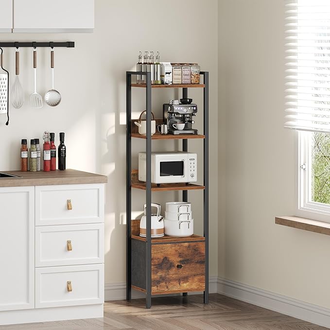 Bookshelf, 5-Tier Bookcase with Drawer, Small Book Shelf for Small Space, Storage Shelf Organizer, for Living Room, Bedroom, Study, Kitchen, Rustic Brown and Black BKHR55101