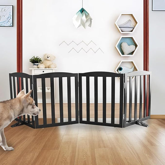 ZJSF Foldable Freestanding Indoor Dog Gate for House Wood Long Pet Gates Dog Fence for Stairs Puppy Gates for Hallways, Puppy Gate,Support Feet Included, Black, 24 "Height-4 Panels