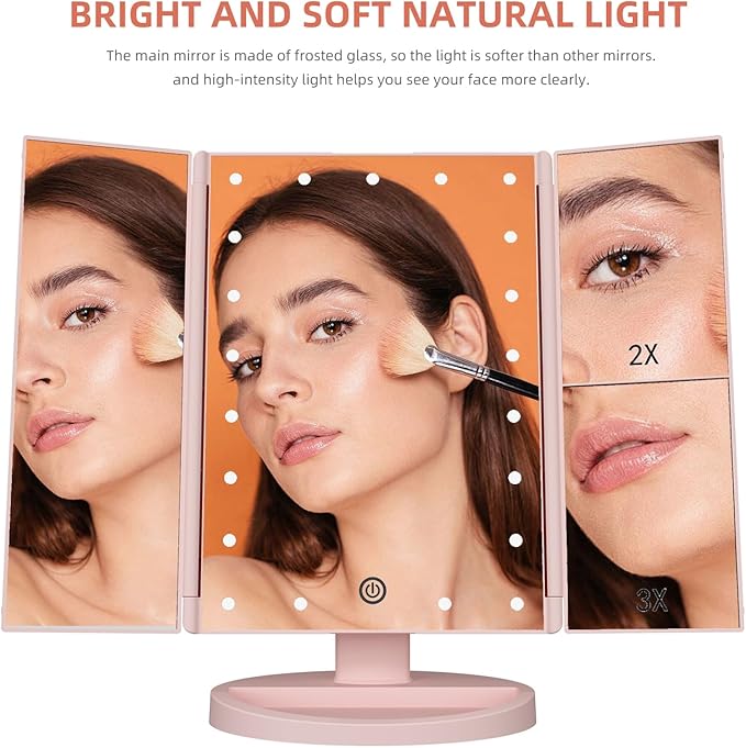 Trifold Makeup Mirror Vanity Mirror with Lights,1X 2X 3X Magnification,Touch Screen,180 Adjustable Rotation,Portable Travel Bathroom Cosmetic Mirror