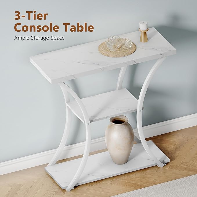 Hoctieon 3 Tier Console Table with Open Wood Shelves, Decorative Entryway Table with Curved Metal Frames, Narrow Sofa Table for Entrance, Living Room, Hallway, White Marbled