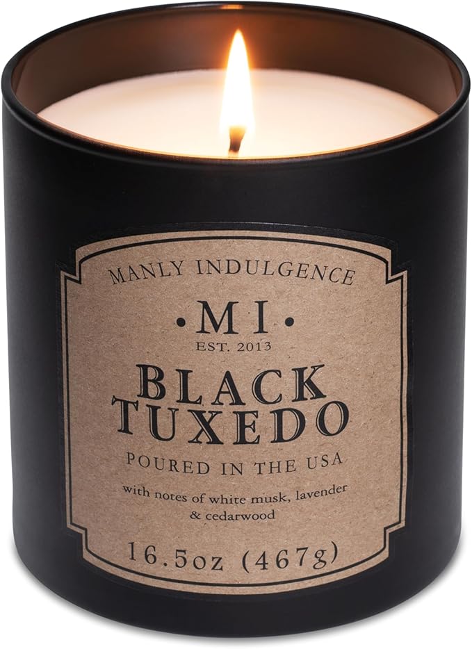 Manly Indulgence Black Tuxedo Jar Candle 16.5 oz - White Musk, Lavender, Cedarwood, Jasmine & Earthy Orris - Up to 60 Hour Burn - Soy Blend Wax, USA Poured
