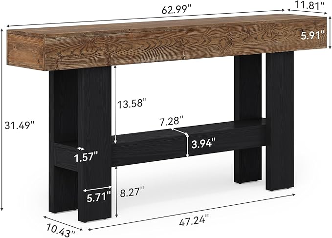 Solid Wood Black Console Table for Entryway, 63-Inch Long Narrow Sofa Table Behind Couch with Storage Shelf for Living Room, Hallway, Foyer, Entrance, Rustic Brown + Black