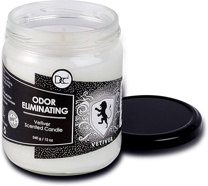 Vetiver Odor Eliminating Highly Fragranced Candle - Eliminates 95% of Pet, Smoke, Food, and Other Smells Quickly - Up to 80 Hour Burn time - 12 Ounce Premium Soy Blend