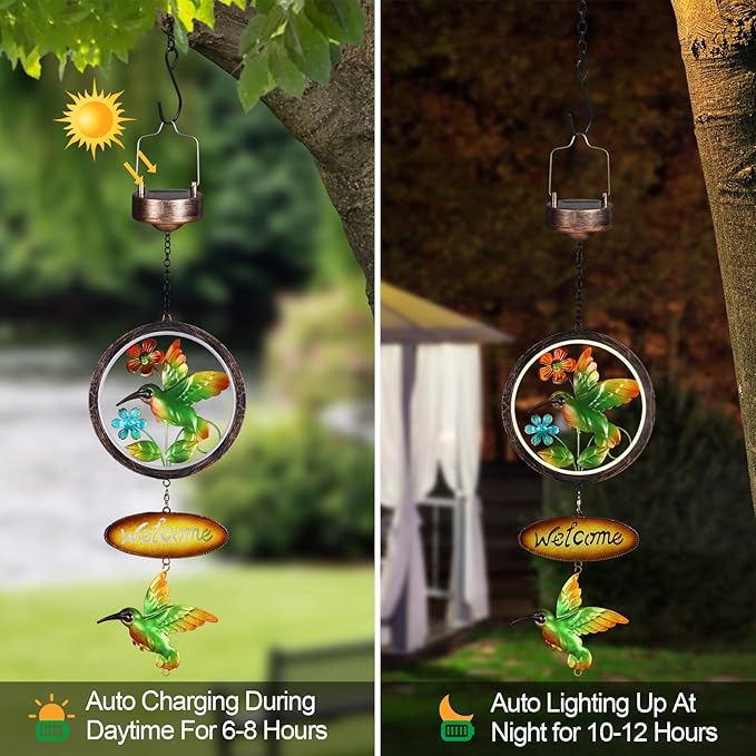 Hummingbird Solar Lantern Outdoor Waterproof Welcome Sign lamp Birthday Gifts for Women Mom Outside Hanging Lights Decor for Garden Yard Patio Backyard Porch
