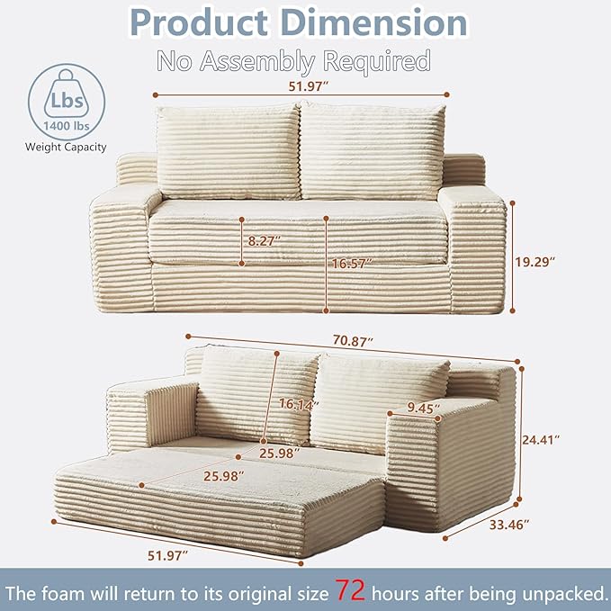 70.87" Loveseat Sofa Bed - Corduroy Upholstered, Comfy Deep Seat & Modern Design - Small Space Friendly, No Assembly Needed - Ideal for Living Room, Bedroom, Apartment, Home Office, Beige