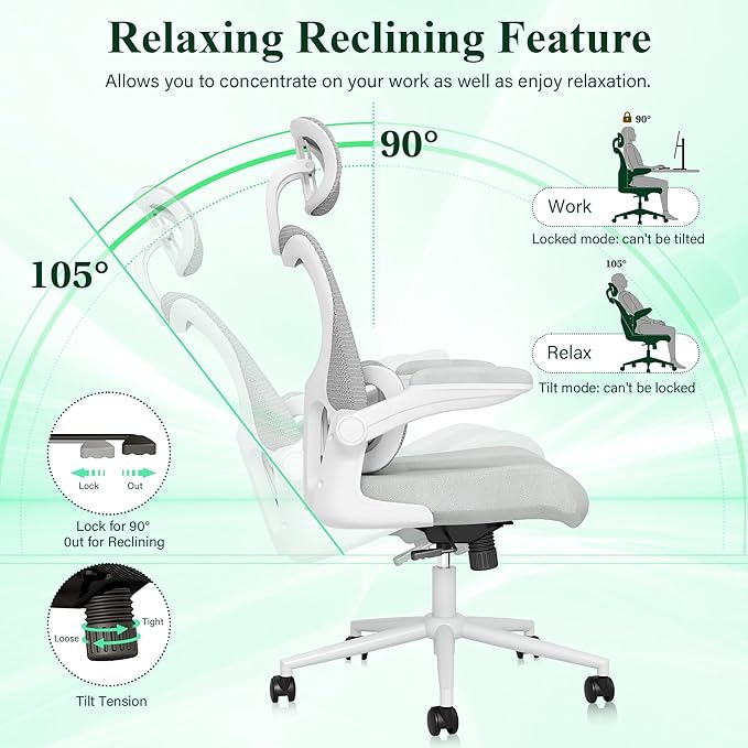 SUNNOW Ergonomic Office Chair, Comfy Mesh Desk Chair, High Back Computer Gaming Chairs with Adjustable Lumbar Support, Flip-Up Arms, Headrest, Tilt Function, Wide Cushion, Swivel Wheel, BIFMA Quality