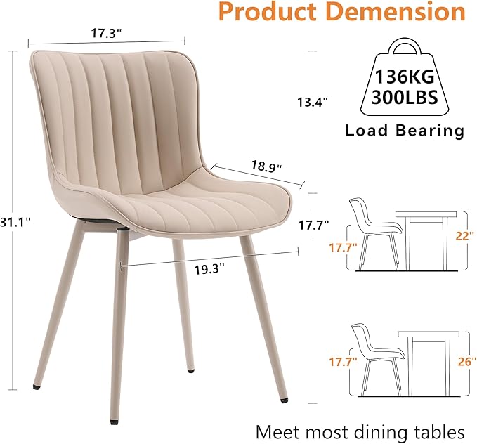 YOUNUOKE Mid-Century Modern Dining Chairs Set of 2, Cream PU Leather Upholstered Kitchen Chairs with Cream Metal Legs, Armless Accent Chair for Dining Room, Guest Reception Room