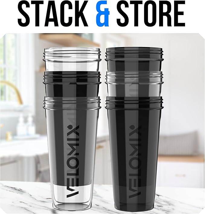 VELOMIX -6 PACK- 28 OZ Protein Shaker Bottles for Protein Mixes, Shaker Cups for Protein Shakes, Small Shaker Bottle Pack, Shaker Cup, Shakers for protein Shakes (Clear Core Set)