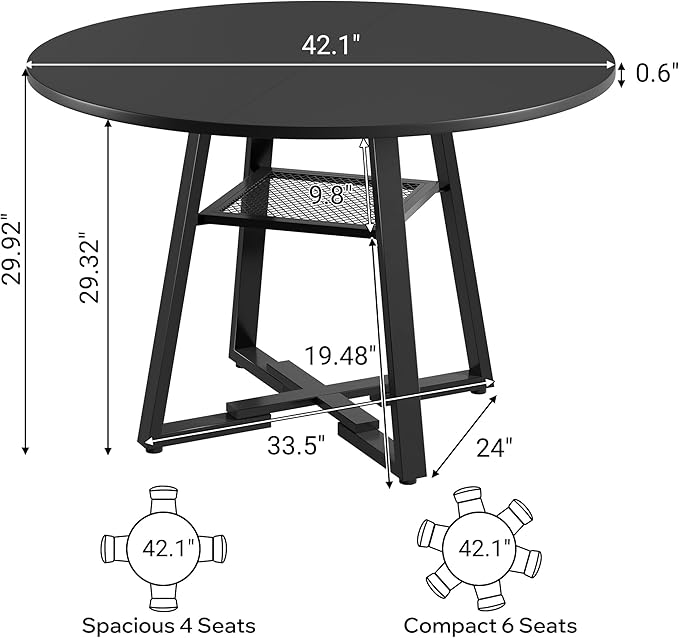 Round Dining Table for 2-4 People,42 Inch Dining Room Table,Modern Circle Kitchen Table with Storage Shelf and Metal Legs for Dining Room,Kitchen,Black (Table Only)