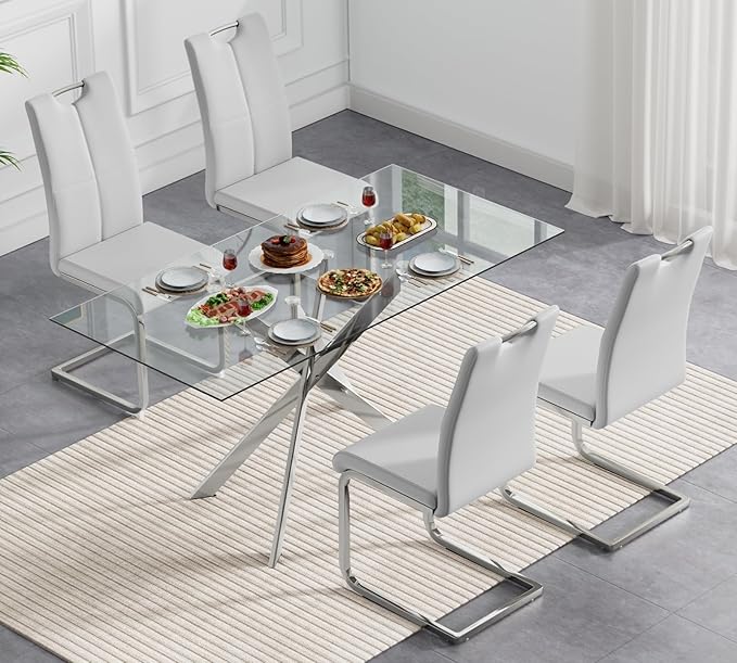 Goujxcy Modern Glass Dining Table Set for 4, Glass Silver Kitchen Table and Chairs Set, 5 Piece Dining Room Table Set with 51" Rectangle Dinner Table and 4 Grey Leather Dining Chairs