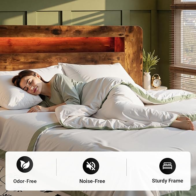 Wood Queen Size Bed Frame with Headboard, Farmhouse Platform Bed Frame with Bookcase Shelf,LED Lights,Charging Station,Heavy Duty Supports,No Box Spring Needed,Dark Brown