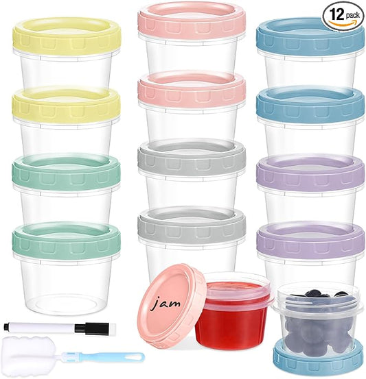 12pcs 4 oz Plastic Containers with Screw Lids, Reusable 1/2 Cup Small Food Storage Containers, Leakproof, Microwave Dishwasher Freezer Safe, with Pen and Brush