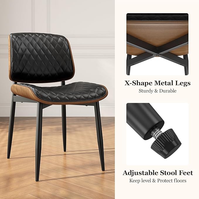 Dining Chairs Set of 8, Mid-Century Modern Upholstered PU Leather Chairs with Walnut Back and Metal Legs Adjustable Feet for Kitchen Dining Room, Black Diamond Plaid