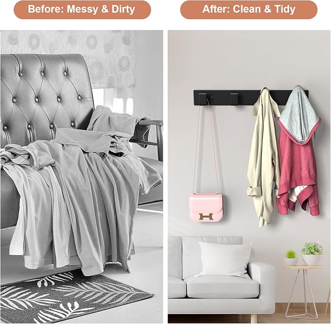 PMMASTO Coat Rack Wall Mount, Coat Hooks Wall Hooks for Hanging, Stainless Steel Coat Hanger Towel Hooks for Bathrooms, Coat Rack Hat Rack (Black 4 Hooks, 2 Pack)