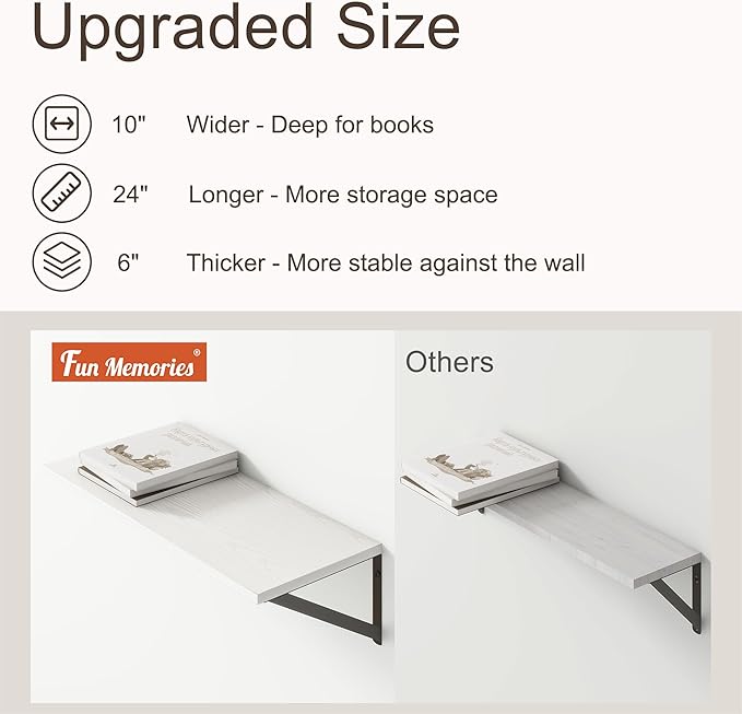 Deep White Floating Shelves for Wall, 24"W x 10"D Wall Shelves Set of 2, 10 Inch Deep Floating Shelf with Brackets, Wide Display & Storage Shelves for Books, Living Room, Kitchen, Bathroom