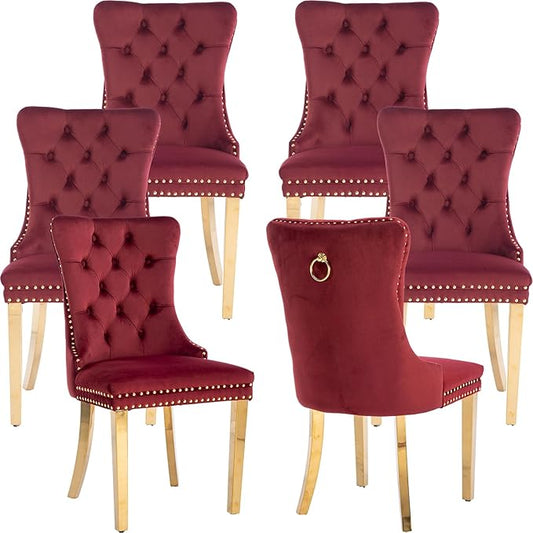 Luxury Upholstered Dining Chairs Set of 6, Red Kitchen Chair with Golden Metal Legs, Velvet Tufted Back Dining Chair, Sillas de Comedor, Modern Kitchen & Dining Room Chairs (Burgundy, 6 Pcs)