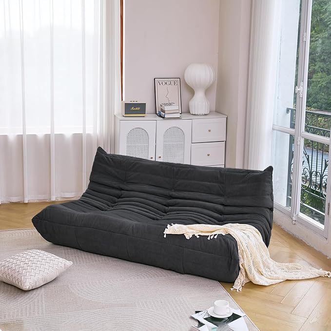 N&V Fireside Chair, Mid Century Armless Floor Sofa, Soft Premium Microfiber Floor Lounge Chair, Foam Sofa Accent Chair for Living Room Bedroom and Office (Black, Three Seater)