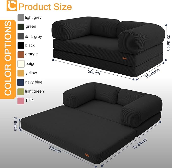 COMAX Folding Sofa Bed Queen 4-in-1 Foldable Floor Couch Convertible Futon Sofa with Armrests Black - Sleeper Mattress Chair Bed Comfy Portable Fold Out Lounge Guest for Living Room Bedroom
