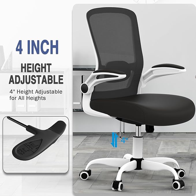 Mimoglad Ergonomic Office Chair - BIFMA Certified, Flip-up Armrests & 135° Recline, Adjustable Lumbar Support - Space-Saving Task Chair for Business/Team Office & Home (White Frame-Black, 300lbs)