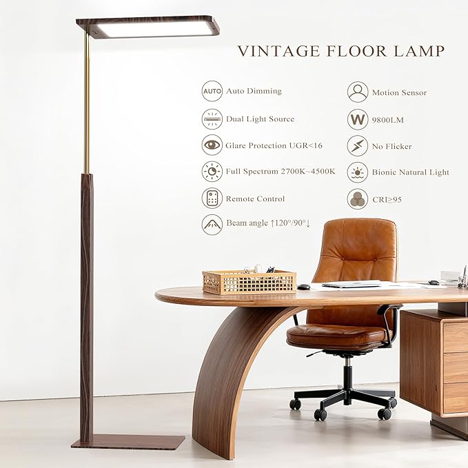 STERREN Modern Vintage Industrial LED Floor Lamp, Eye-Care Height Adjustable Free-Standing Lamps, Full Spectrum Light for Reading, Office, Meeting Room, 2700-5000K, Black Walnut Wood Finish