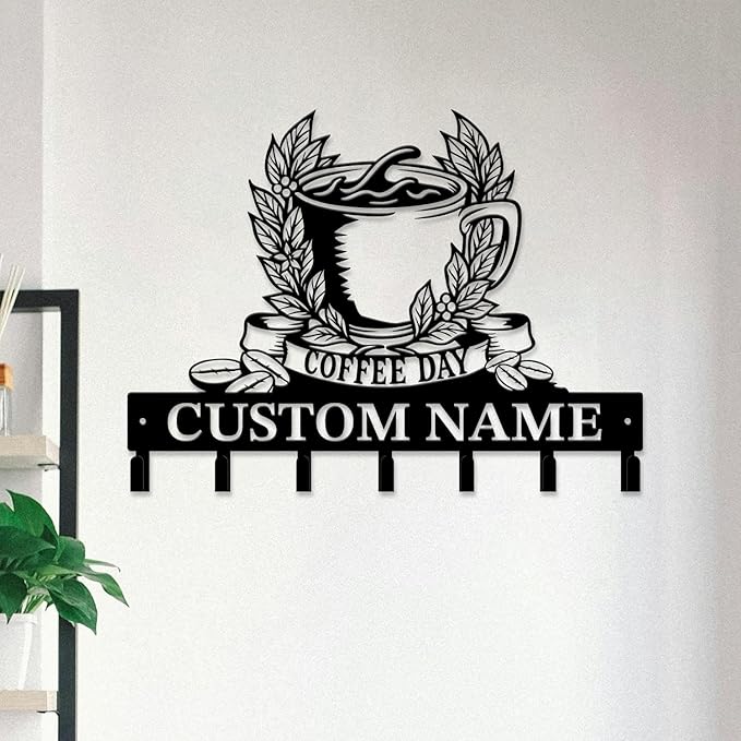Coffee Bar Keys Holder - Metal Iron Wall Hooks with Custom Name | Personalized Home Decor & Gift Idea | Coffee-Themed Text Engraving Design (Style J)