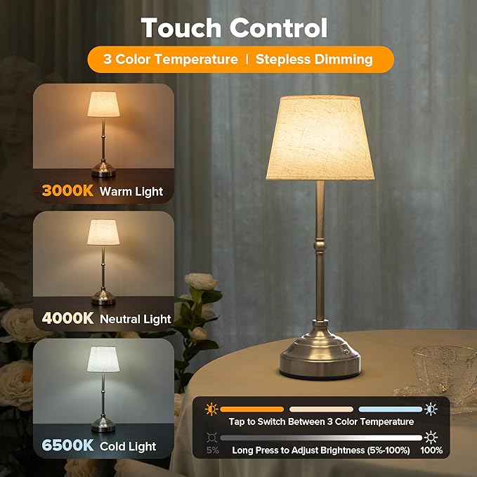 Cordless Table Lamp, Rechargeable Desk Lamp with Fabric Shade, Battery Operated Lamp 3 Color Stepless Dimming, Portable Touch Bedside Lamp Home Decor for Dining, Counter (Brushed Sliver)