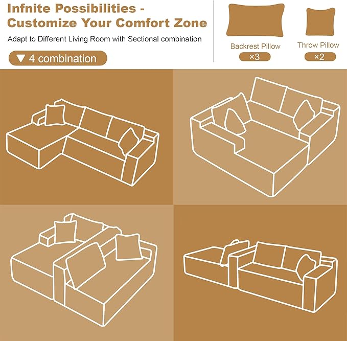 108" Sectional Couches for Living Room Modern Modular Sofa with L-Shape Couchs Upholstered Boneless Couch Deep Seat Sectional Couch with Chaise (Camel, Left Facing Chaise+2Seaters)