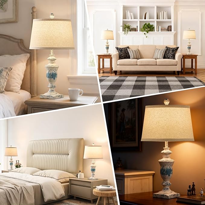23" Farmhouse Table Lamps Set of 2, 3 Way Dimmable Lamps with 2 LED Bulbs and Rocker Switch, Vintage Nightstand Lamp for Bedroom Living Room Office End Table Entryway, Washed Blue